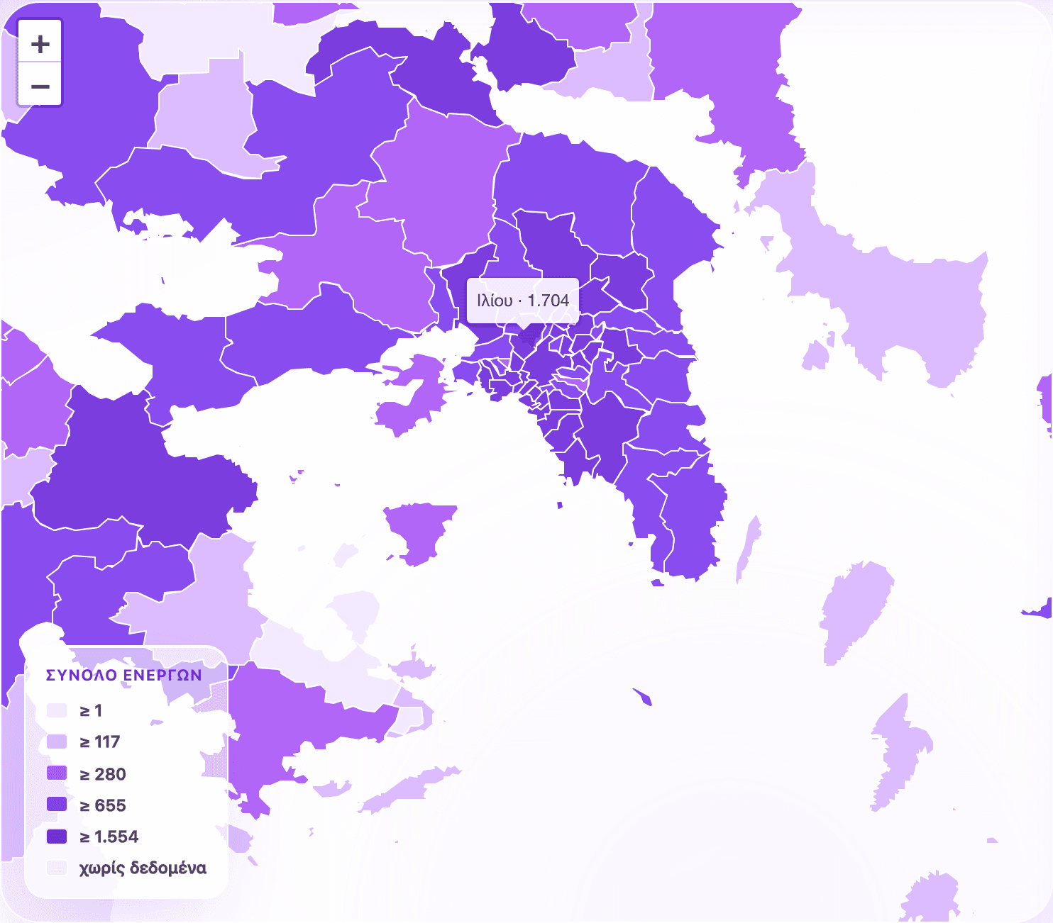 Ο χάρτης επιχειρήσεων ζουμαρισμένος στην Αττική — σύνολο ενεργών ανά δήμο